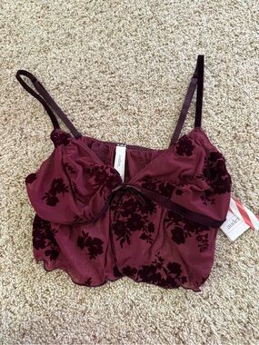 NWT Auden Burgundy Floral Velvet-Print Chemise Top